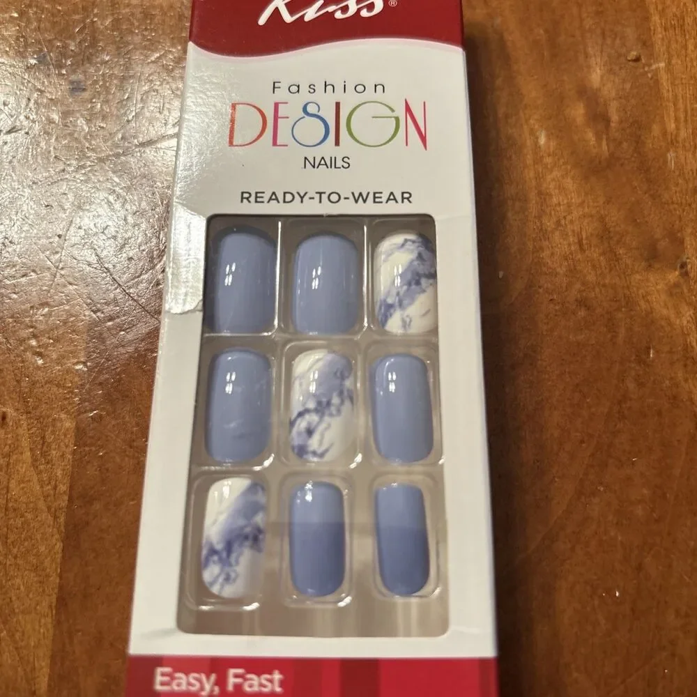 Kiss Shiny Blue Swirl Artificial  Glue On Nail Medium